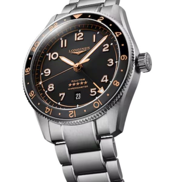 Longines Spirit Zulu Time automatic watch black ceramic bezel black dial steel bracelet 39 mm