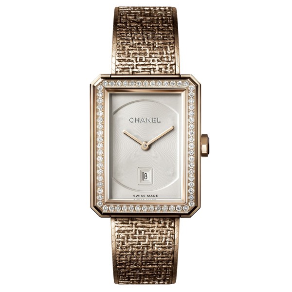 Montre Chanel Boy-Friend tweed cadran opalin lunette sertie bracelet or beige moyen modèle H5315