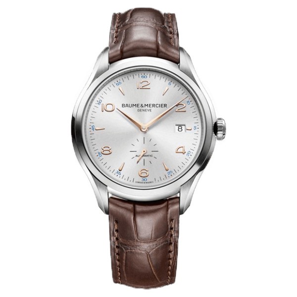 Montre Baume et Mercier Clifton automatique cadran argenté bracelet cuir chocolat 41 mm
