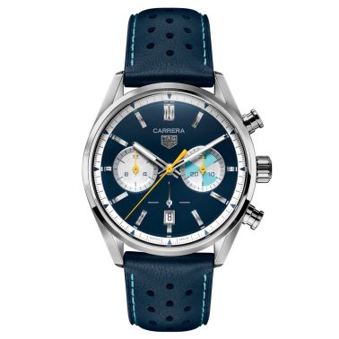Montre TAG Heuer Carrera Chronographe Summer Edition Limitée automatique cadran bleu bracelet cuir bleu 42 mm