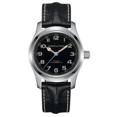Montre Hamilton Khaki Field Murph Coffret Spécial auto cadran noir bracelets cuir noir et acier 42 mm