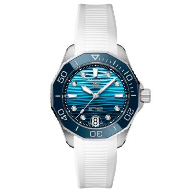 TAG Heuer Aquaracer Professional 300 Automatic Date Watch with Diamond Indexes, Blue Dial, and White Rubber Strap, 36 mm