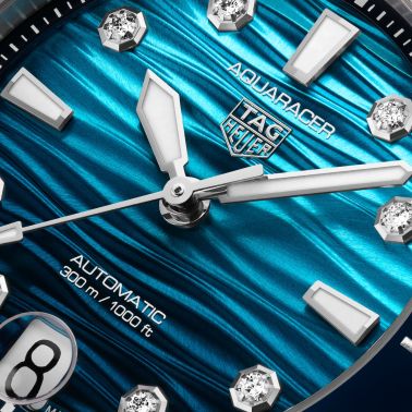TAG Heuer Aquaracer Professional 300 Automatic Date Watch with Diamond Indexes, Blue Dial, and White Rubber Strap, 36 mm