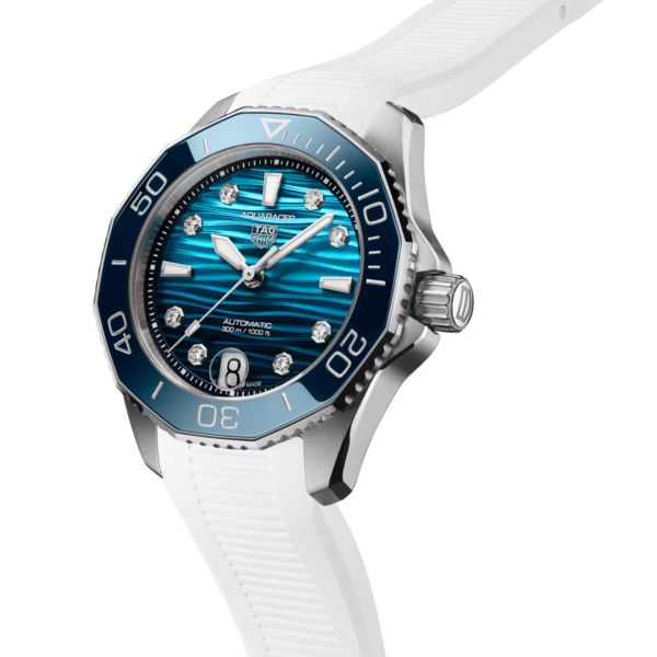 TAG Heuer Aquaracer Professional 300 Automatic Date Watch with Diamond Indexes, Blue Dial, and White Rubber Strap, 36 mm