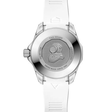 TAG Heuer Aquaracer Professional 300 Automatic Date Watch with Diamond Indexes, Blue Dial, and White Rubber Strap, 36 mm