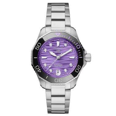 TAG Heuer Aquaracer Professional 300 Automatic Date Watch with Diamond Indexes, Purple Dial, and 36 mm Steel Bracelet
