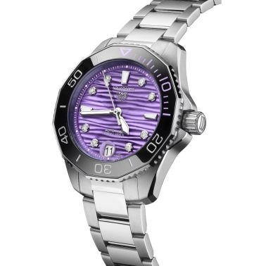 Montre TAG Heuer Aquaracer Professional 300 Date automatique index diamants cadran violet bracelet acier 36 mm
