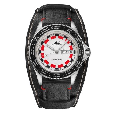 Mido Ocean Star WorldTimer automatic watch with white and red dial, black leather strap, removable underlay, 40.5 mm