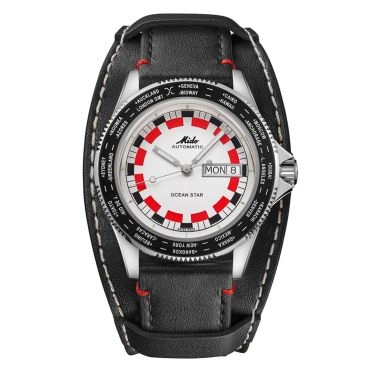 Montre Mido Ocean Star WorldTimer automatique cadran blanc et rouge bracelet cuir noir sous-couche amovible 40,5 mm
