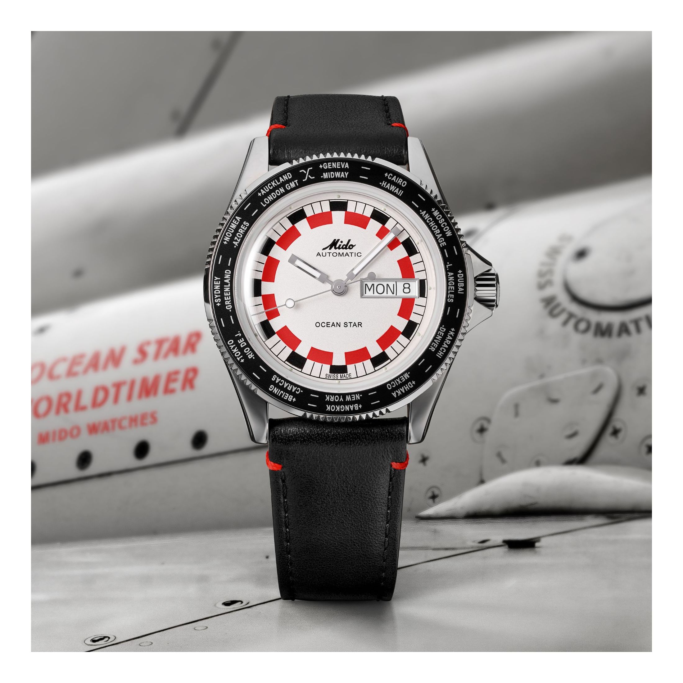 Mido Ocean Star WorldTimer automatic watch with white and red dial