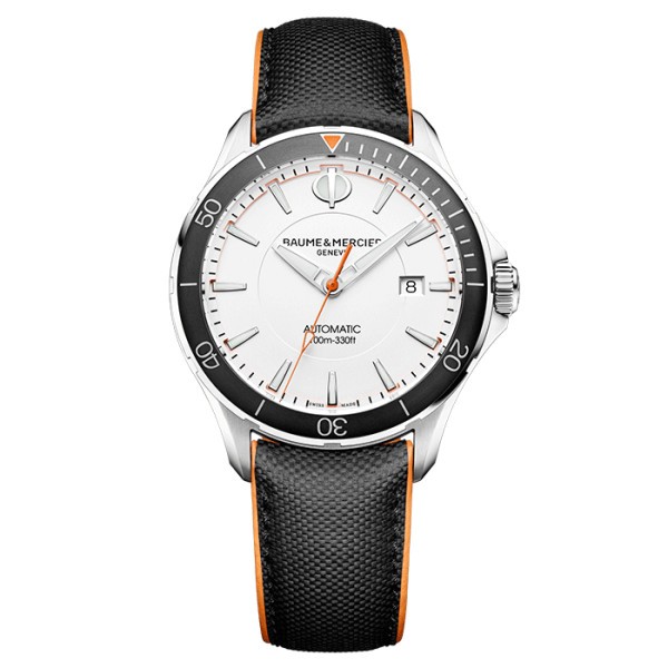 Montre Baume et Mercier Clifton Club automatique cadran blanc bracelet cuir veau toile de voile 42 mm