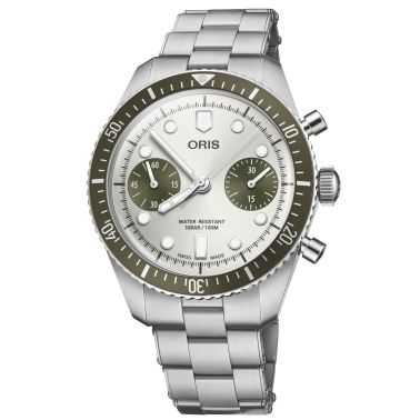 Oris Divers Sixty-Five Automatic Chronograph Watch with Gray and Green Dial and Steel Bracelet, 40 mm