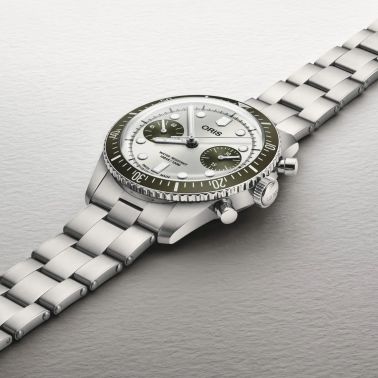 Oris Divers Sixty-Five Automatic Chronograph Watch with Gray and Green Dial and Steel Bracelet, 40 mm