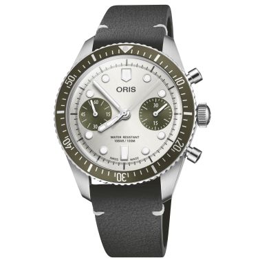 Oris Divers Sixty-Five Automatic Chronograph Watch with gray and green dial, black leather strap, 40 mm