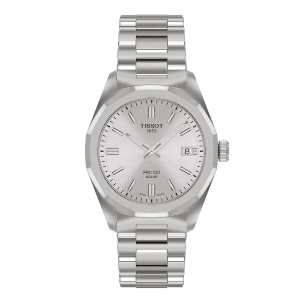 Montre Tissot T-Classic PRC 100 Solar quartz solaire cadran argent bracelet acier 34 mm