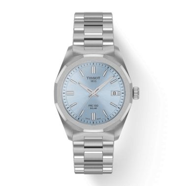 Tissot T-Classic PRC 100 Solar quartz watch ice blue stainless steel bracelet 34 mm