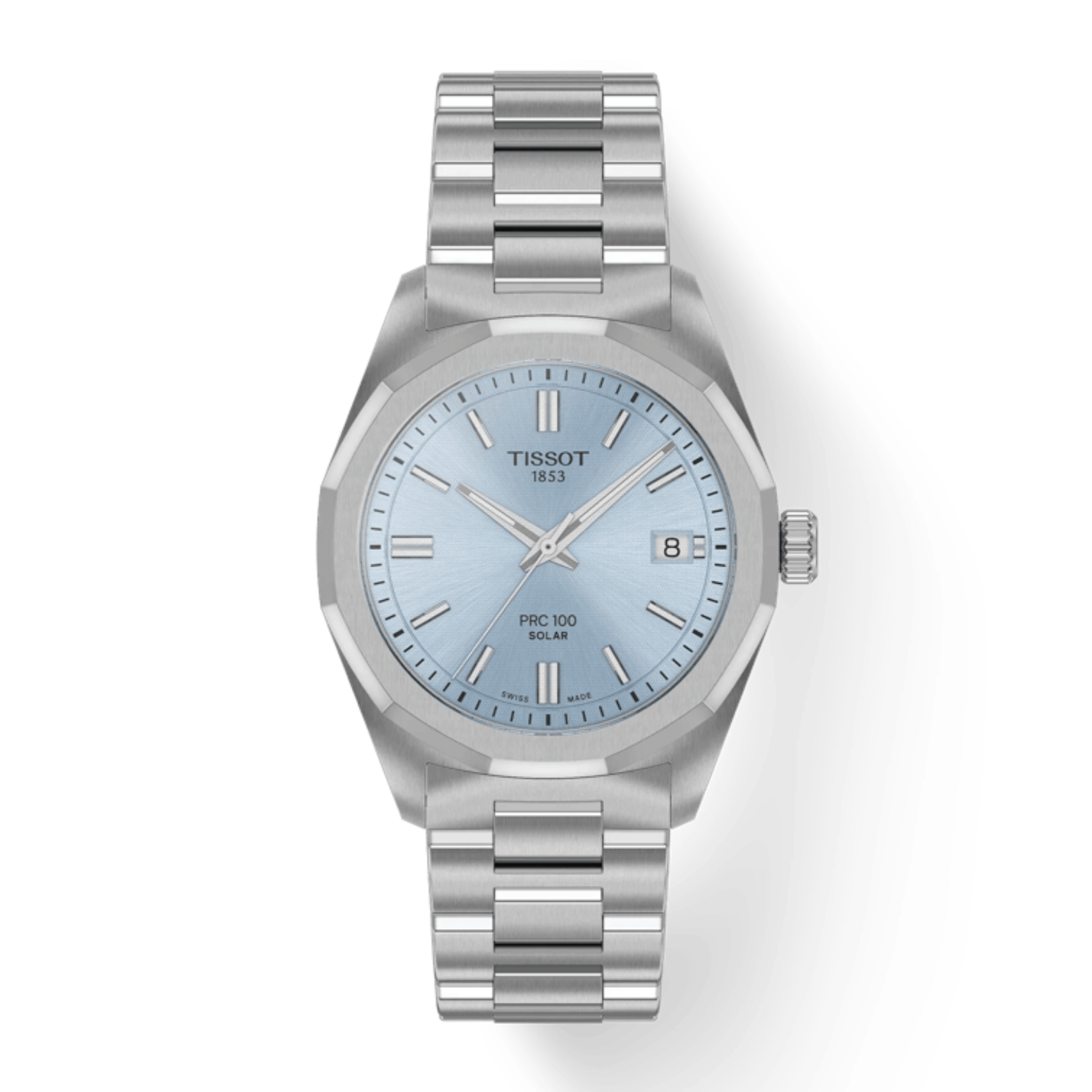 Montre Tissot T-Classic PRC 100 Solar quartz solaire cadran bleu glacier bracelet acier 34 mm