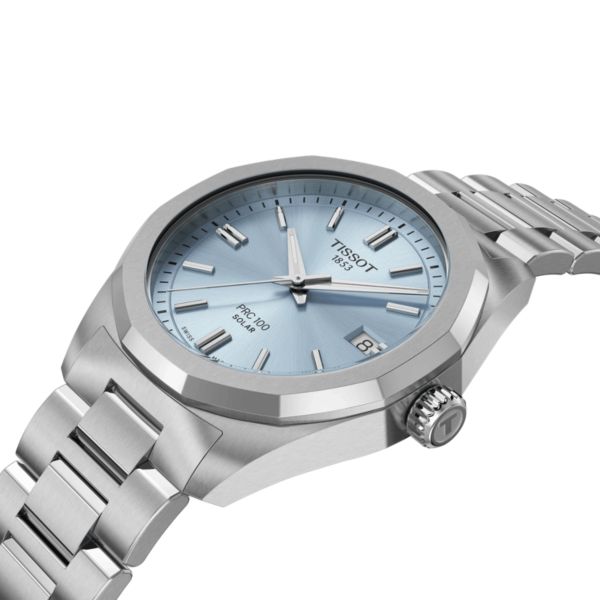 Montre Tissot T-Classic PRC 100 Solar quartz solaire cadran bleu glacier bracelet acier 34 mm