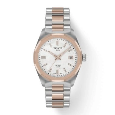 Montre Tissot T-Classic PRC 100 Solar quartz solaire bicolore PVD Or Rose cadran blanc bracelet acier 34 mm