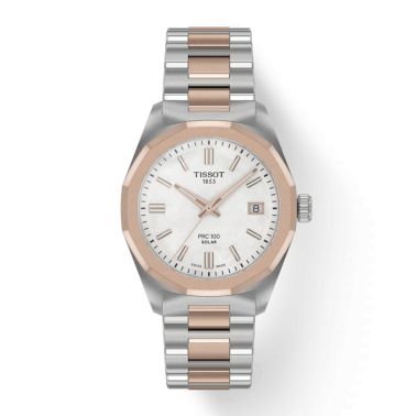 Tissot T-Classic PRC 100 Solar two-tone PVD rose gold solar quartz white dial steel bracelet 34 mm