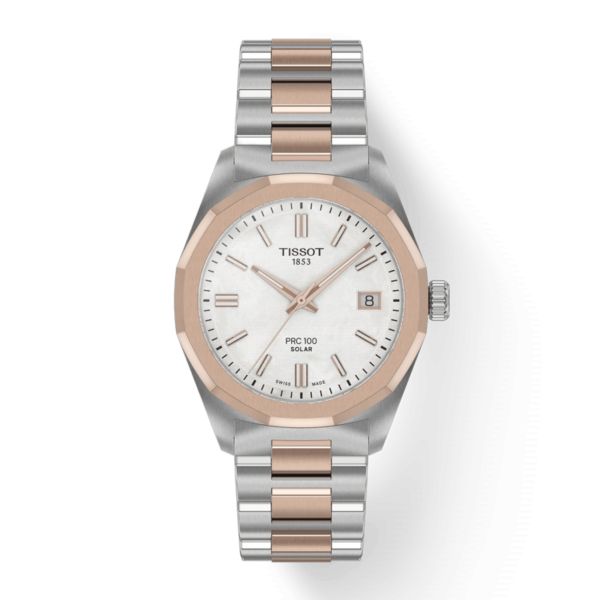 Montre Tissot T-Classic PRC 100 Solar quartz solaire bicolore PVD Or Rose cadran blanc bracelet acier 34 mm