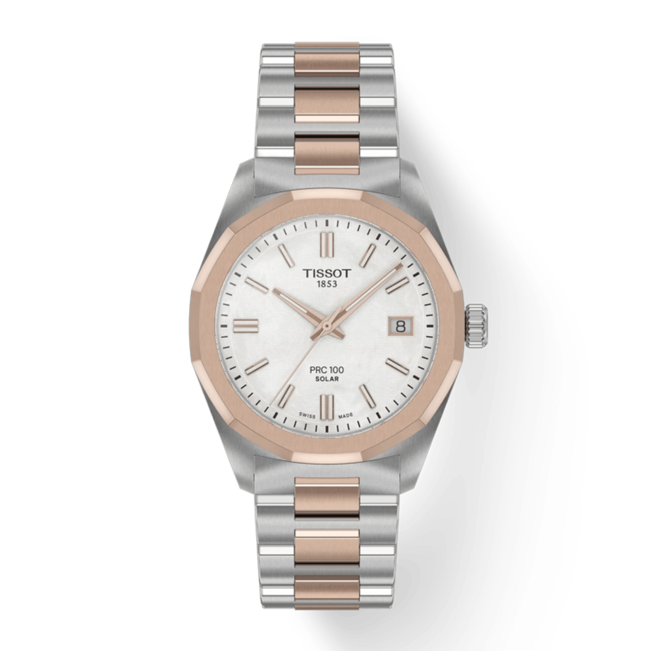 Montre Tissot T-Classic PRC 100 Solar quartz solaire bicolore PVD Or Rose cadran blanc bracelet acier 34 mm