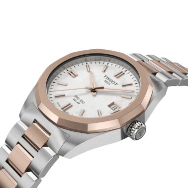 Montre Tissot T-Classic PRC 100 Solar quartz solaire bicolore PVD Or Rose cadran blanc bracelet acier 34 mm