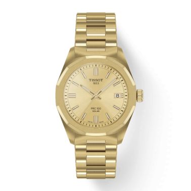 Tissot T-Classic PRC 100 Solar quartz PVD Yellow Gold champagne blue steel bracelet 34 mm