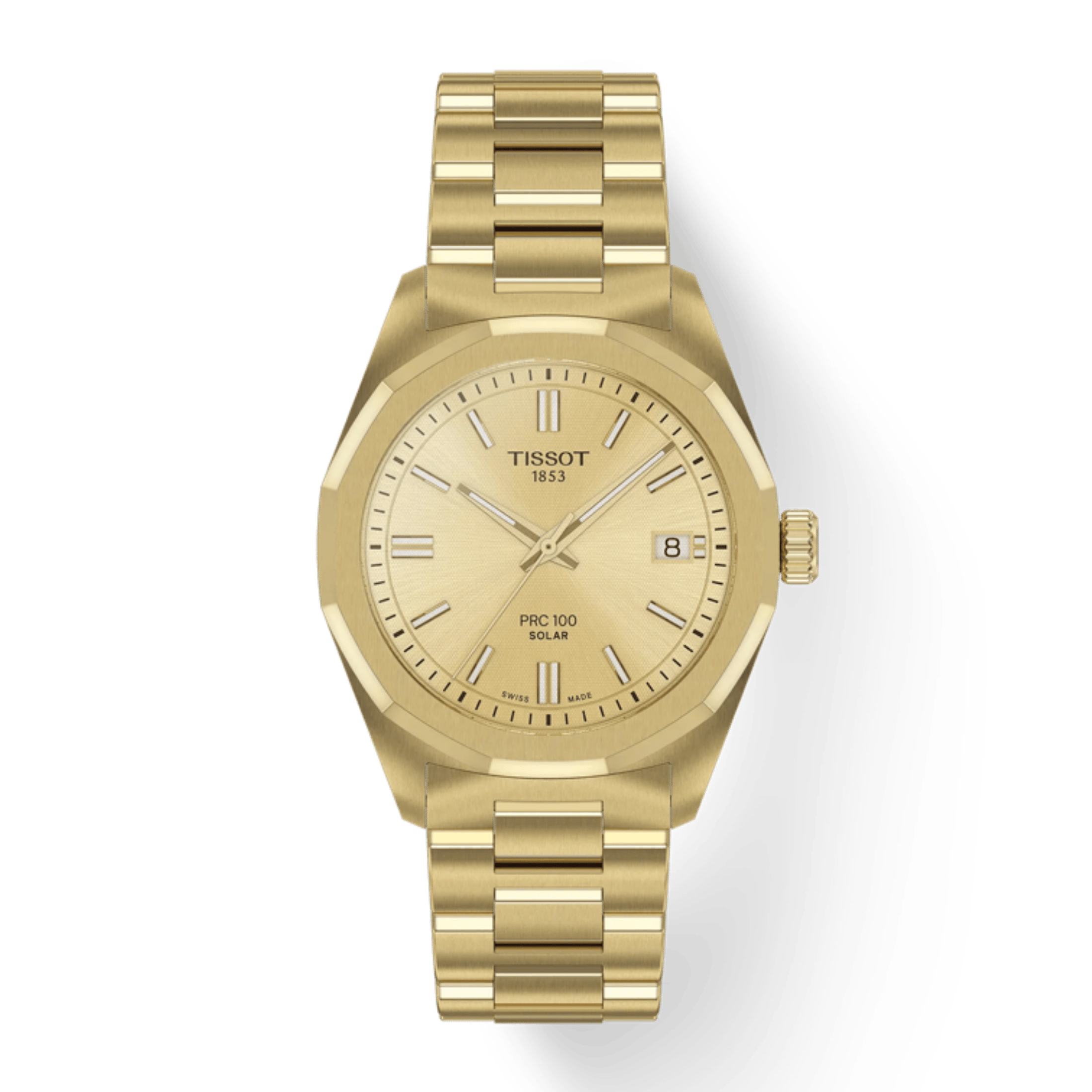 Montre Tissot T-Classic PRC 100 Solar quartz solaire PVD or jaune cadran champagne glacier bracelet acier 34 mm