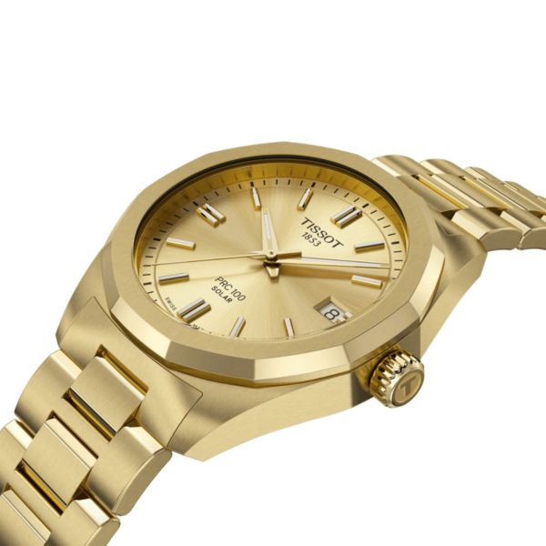 Montre Tissot T-Classic PRC 100 Solar quartz solaire PVD or jaune cadran champagne glacier bracelet acier 34 mm