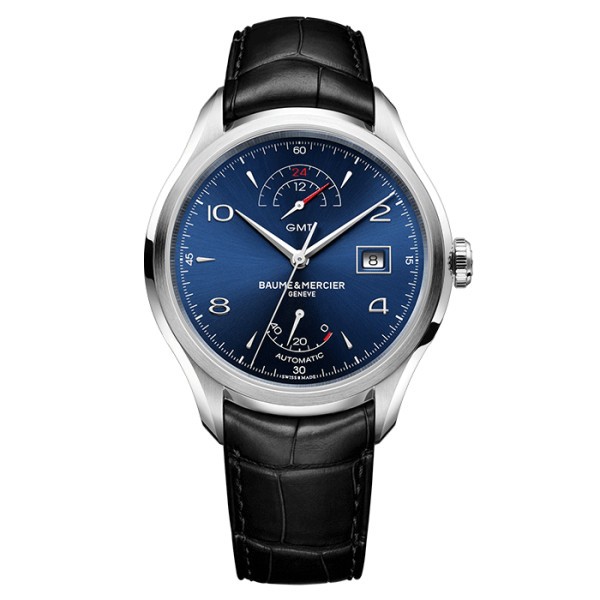Montre Baume et Mercier Clifton automatique GMT cadran bleu bracelet cuir noir 43 mm