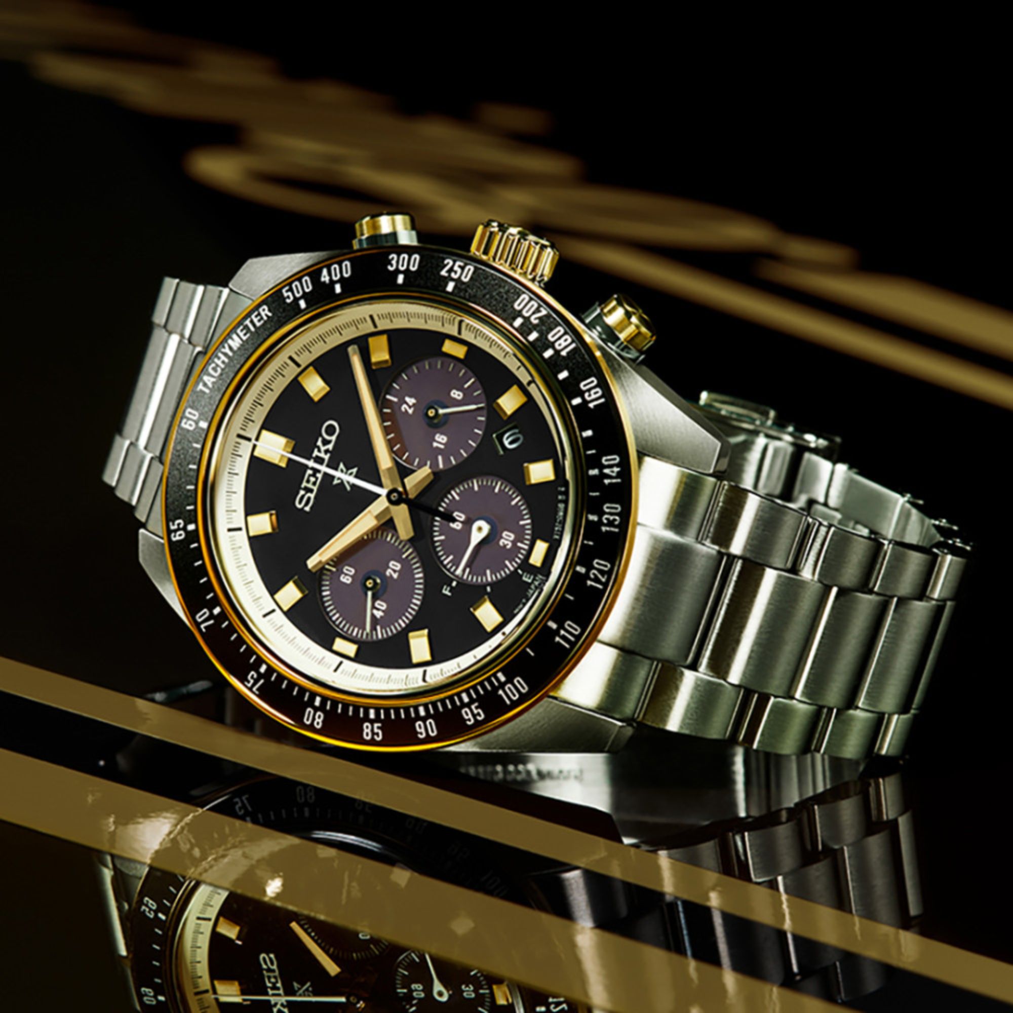 Seiko Prospex Solar Quartz Chronograph Watch with Black Dial and 41 mm Steel Bracelet