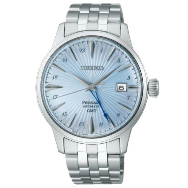 Seiko Presage Cocktail Automatic GMT Watch with Blue Dial and Steel Bracelet, 40.5 mm