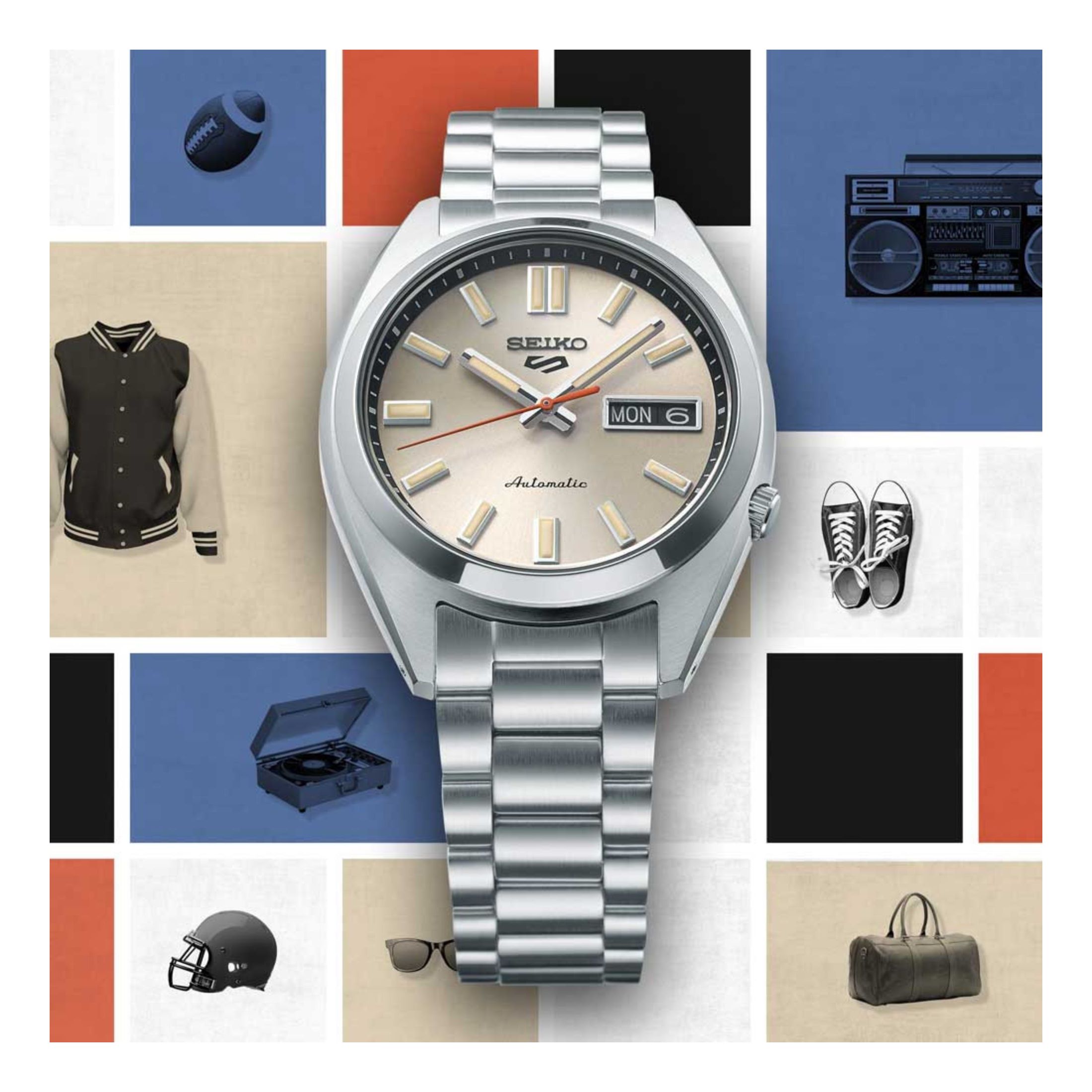 Seiko Sports automatic watch with silver dial and steel bracelet