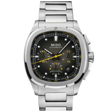 Mido Multifort TV Chronograph automatic watch with diamond indexes, black dial, steel and black fabric bracelets, 42 mm