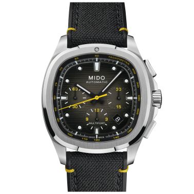 Mido Multifort TV Chronograph automatic watch with diamond indexes, black dial, steel and black fabric bracelets, 42 mm