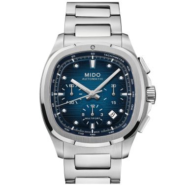 Mido Multifort TV Chronograph automatic watch with diamond indexes, blue dial, steel and blue fabric bracelets, 42 mm