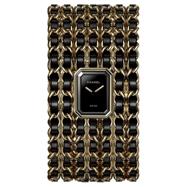 CHANEL Première Manchette Edition Originale quartz watch black lacquered dial steel bracelet yellow gold and black leather 15,2 