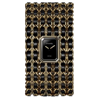 Montre CHANEL Première Manchette Edition Originale quartz cadran laqué noir bracelet acier or jaune et cuir noir 15,2 mm