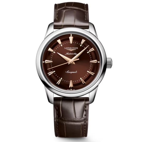 Longines Conquest Heritage automatic watch brown dial brown leather strap 38 mm