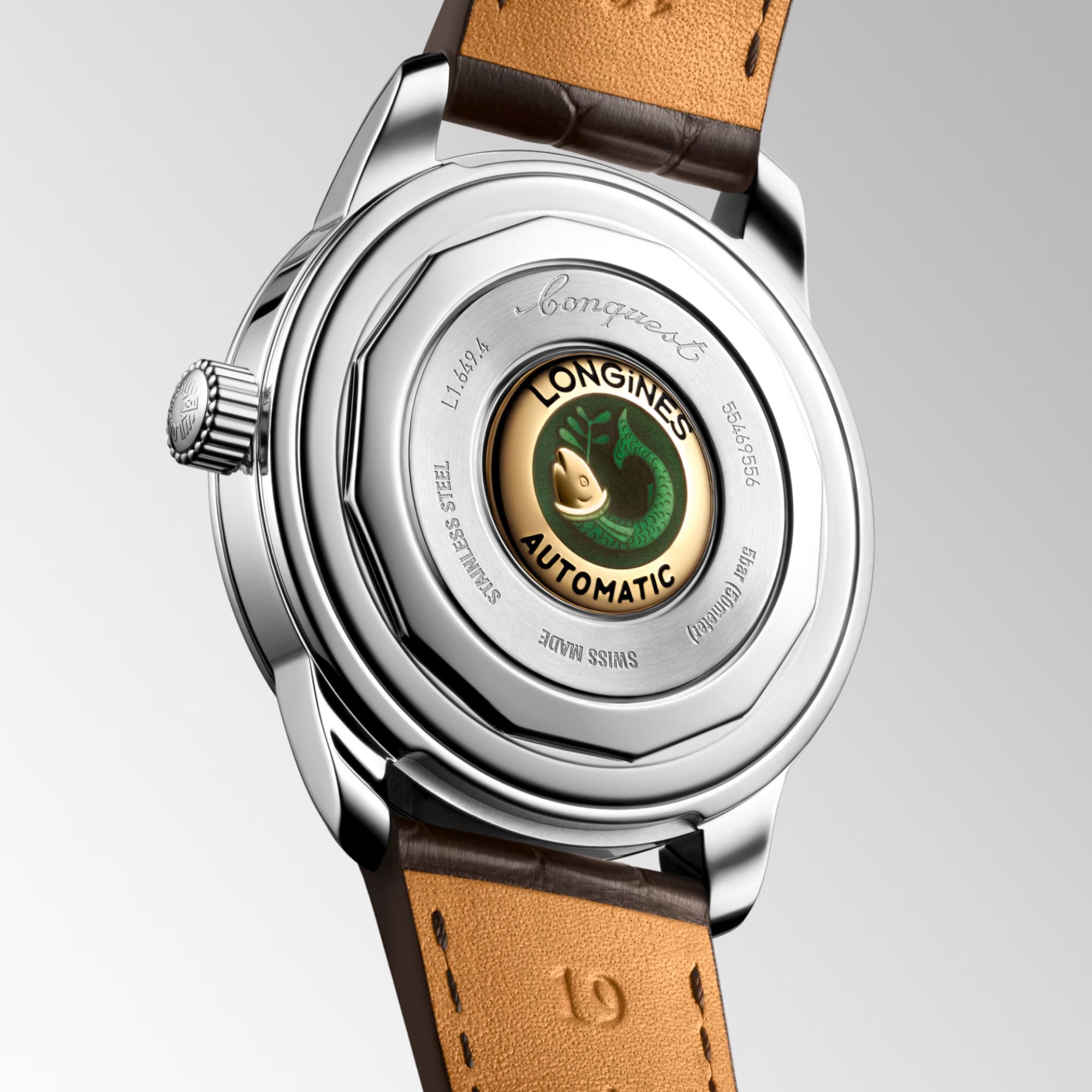 Longines Conquest Heritage automatic watch brown dial brown leather strap 38 mm