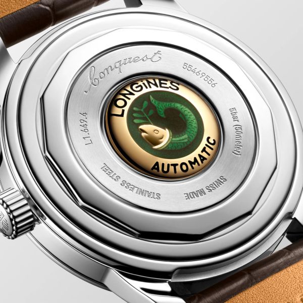 Longines Conquest Heritage automatic watch brown dial brown leather strap 38 mm