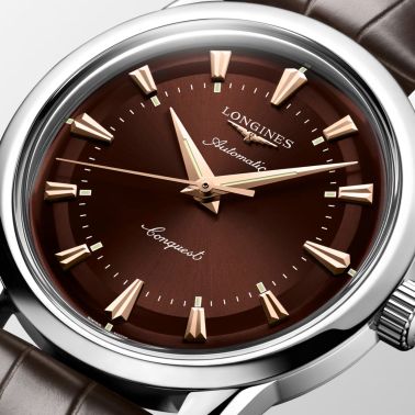 Montre Longines Conquest Heritage automatique cadran marron bracelet cuir brun 38 mm
