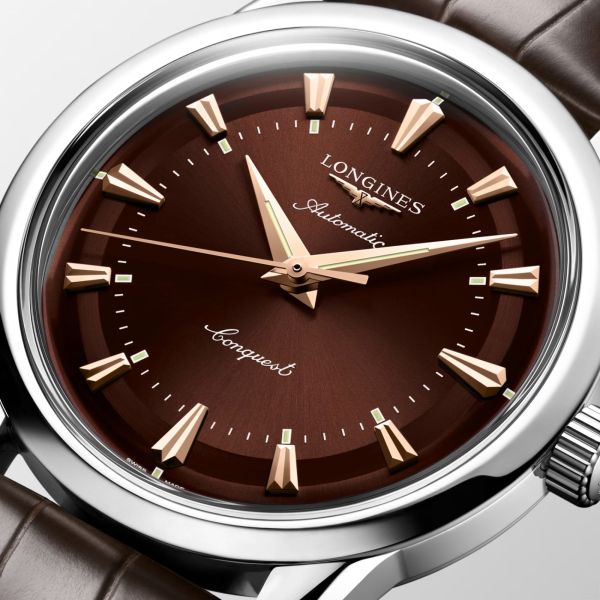 Longines Conquest Heritage automatic watch brown dial brown leather strap 38 mm