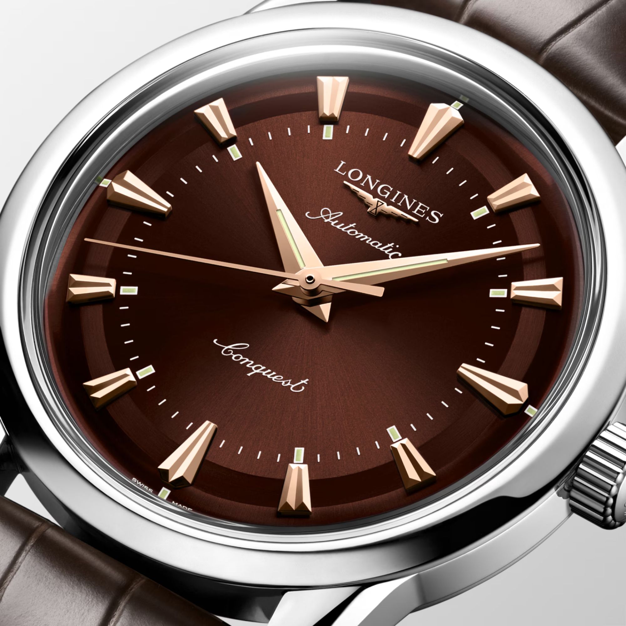 Montre Longines Conquest Heritage automatique cadran marron bracelet cuir brun 38 mm
