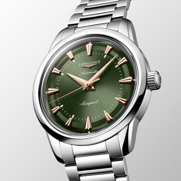 Longines Conquest Heritage automatic watch green dial steel bracelet 38 mm
