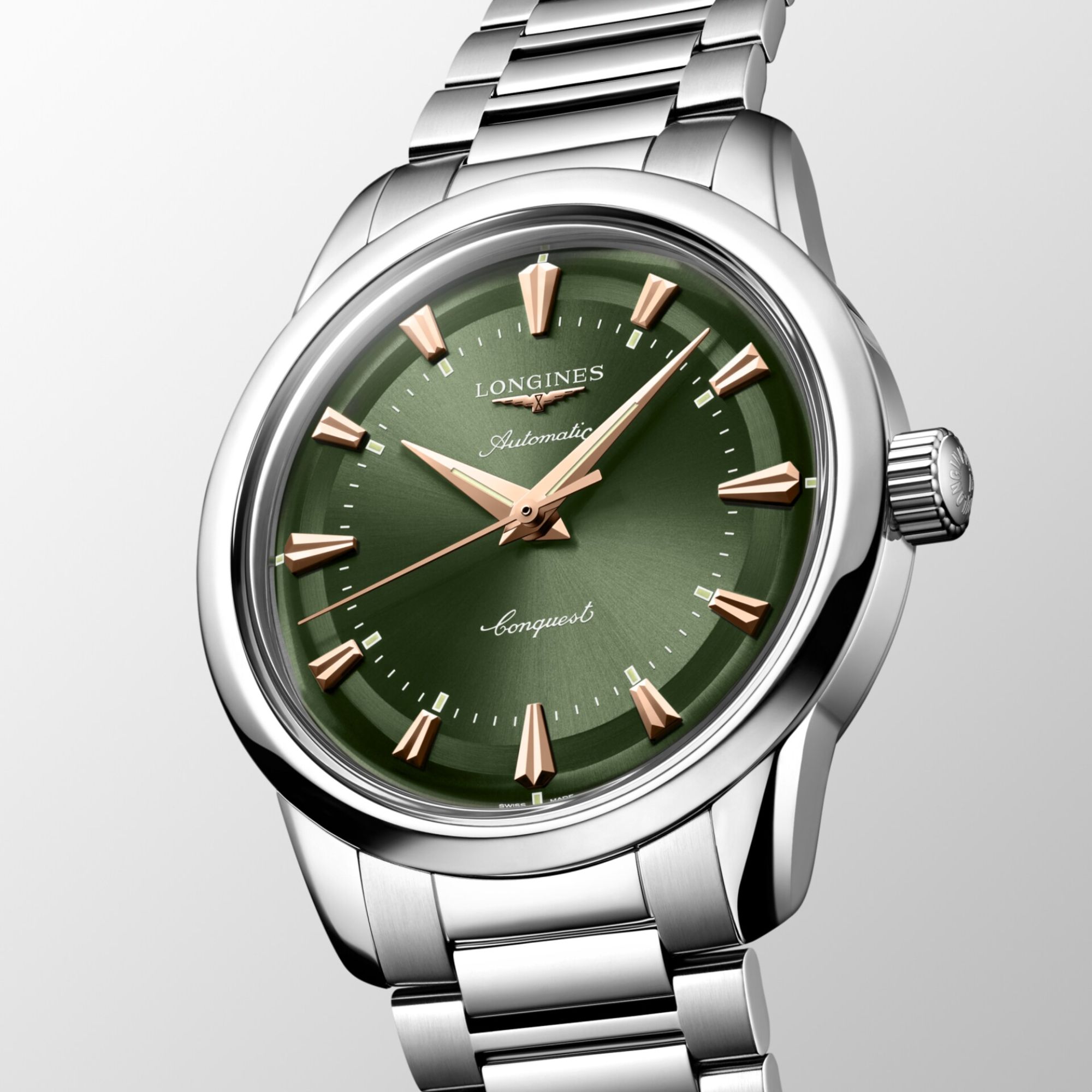 Longines Conquest Heritage automatic watch green dial steel bracelet 38 mm