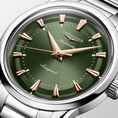 Longines Conquest Heritage automatic watch green dial steel bracelet 38 mm