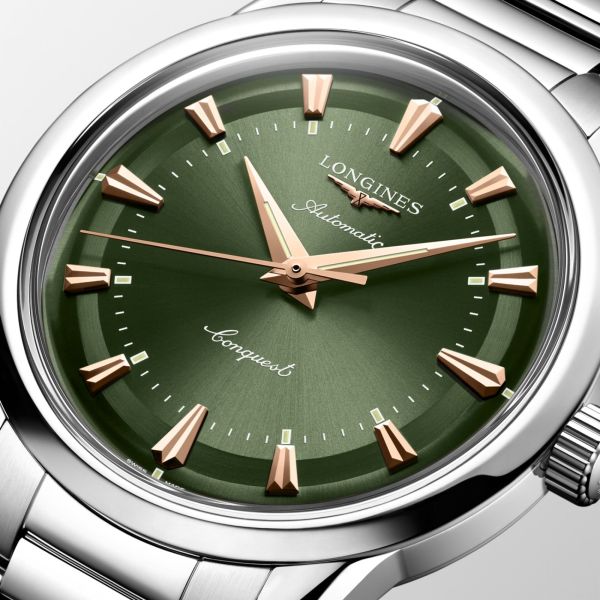 Longines Conquest Heritage automatic watch green dial steel bracelet 38 mm