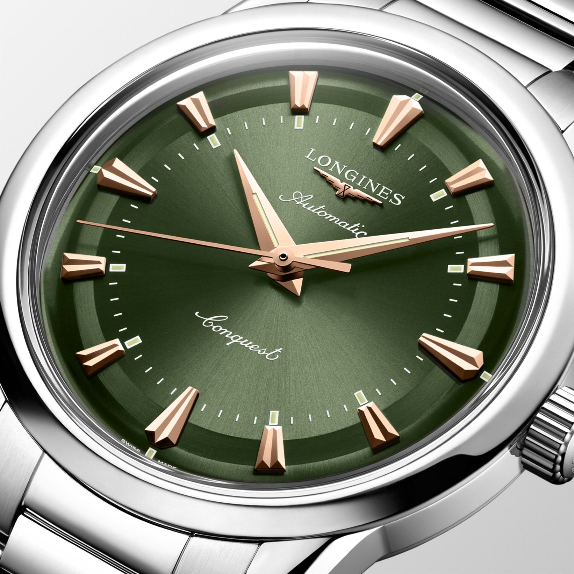 Longines Conquest Heritage automatic watch green dial steel bracelet 38 mm